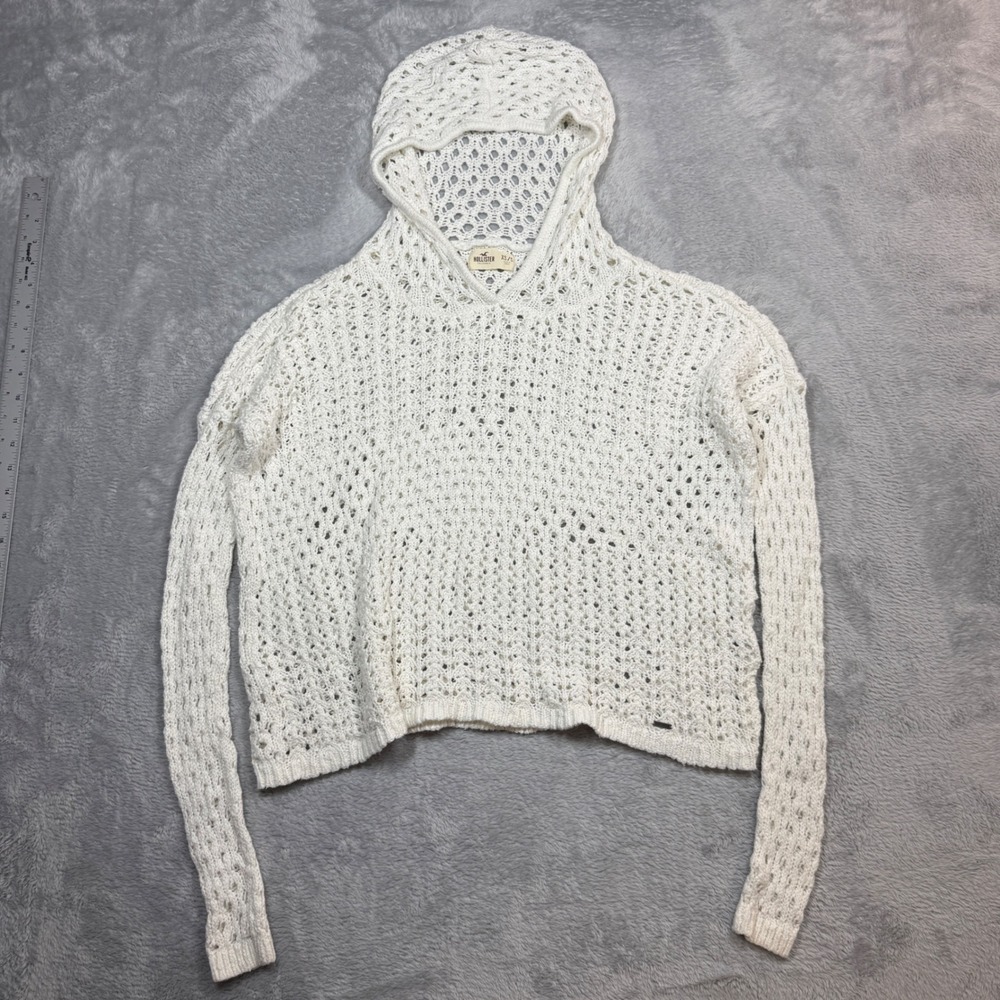 Hollister Crochet Knit Hoodie Women XS/S White Open Weave Pullover Crop Y2K